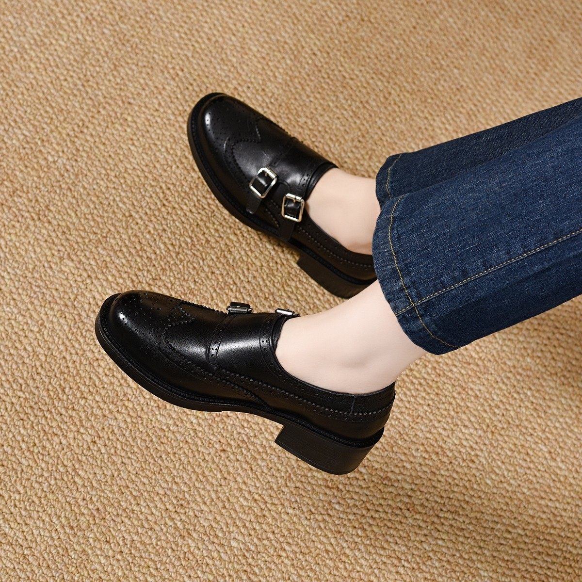 真皮雕花布洛克鞋女2026春季新款英伦风双扣鞋女复古小皮鞋乐福鞋,女鞋,深口单鞋,淘宝优惠券,粉丝福利购,淘宝优惠卷