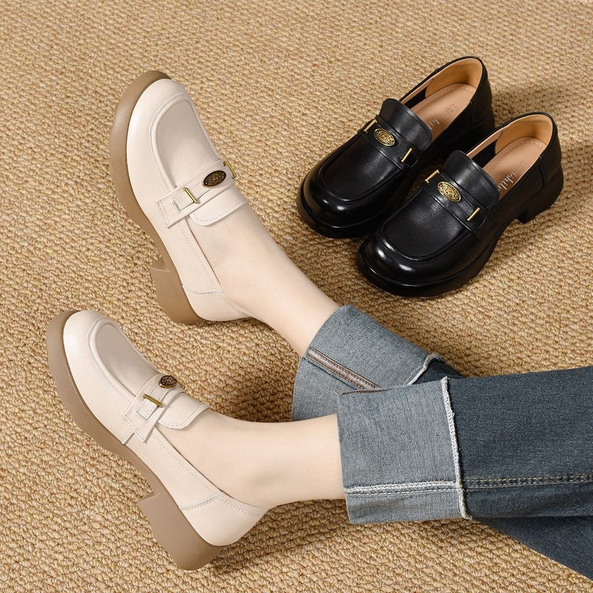 真皮平底乐福鞋2026春季新款软皮深口圆头一脚蹬单鞋时尚牛皮女鞋,女鞋,深口单鞋,淘宝优惠券,粉丝福利购,淘宝优惠卷