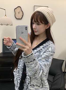 小香风撞色粗针开衫女短外套慵懒减龄毛衣外套