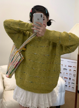 babe soulis 2025新款韩系圆领亮片条纹设计感宽松毛衣女针织衫