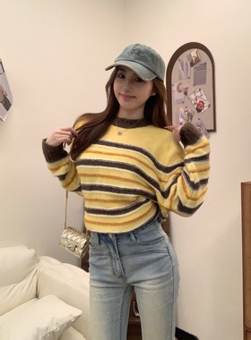 babe soulis 巨好看的韩系圆领条纹拼接毛衣宽松显瘦针织衫上衣女