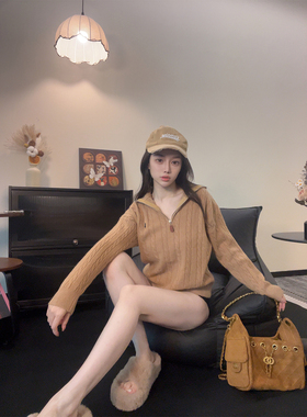 babe soulis 2025新款韩系半拉链翻领针织毛衣女麻花设计感上衣女