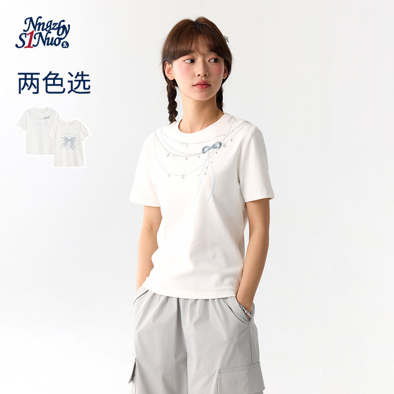 诺诺公主S1N初中生白色圆领短袖上衣女2026夏季蝴蝶结印花修身T恤图片