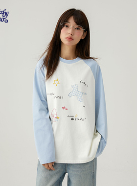 诺诺公主S1N初中生2026春季印花插肩袖T恤女青少年设计感打底上衣