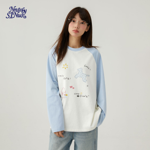 诺诺公主S1N初中生2026春季 T恤女青少年设计感打底上衣 印花插肩袖