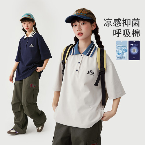 诺诺公主S1N初中生夏休闲POLO领上衣短袖美式复古基础衫透气t恤女