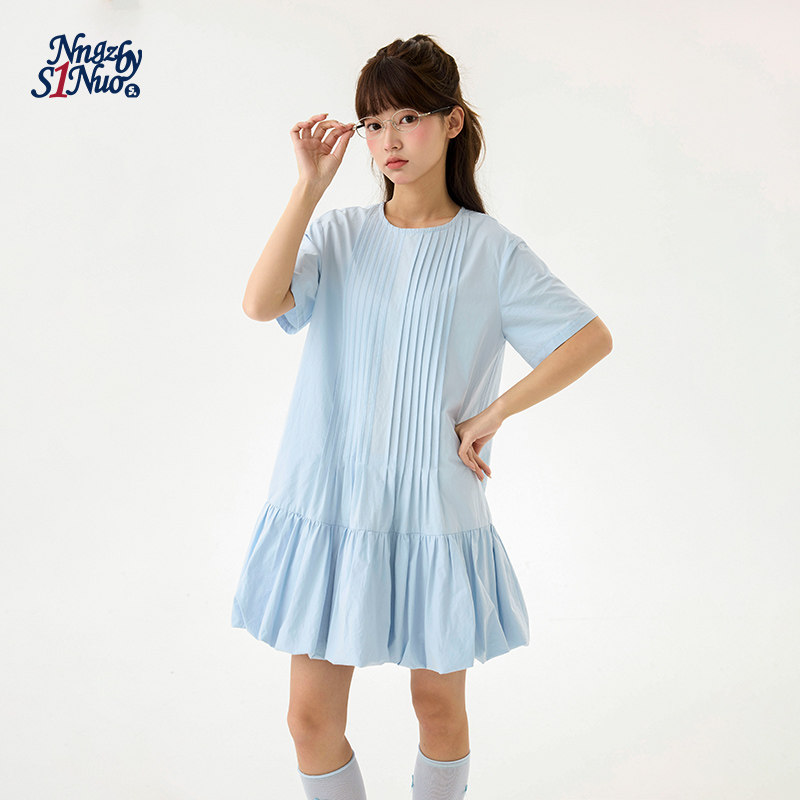 诺诺公主S1N初中生法式蓝色短袖连衣裙女2026夏季宽松琴花苞裙子