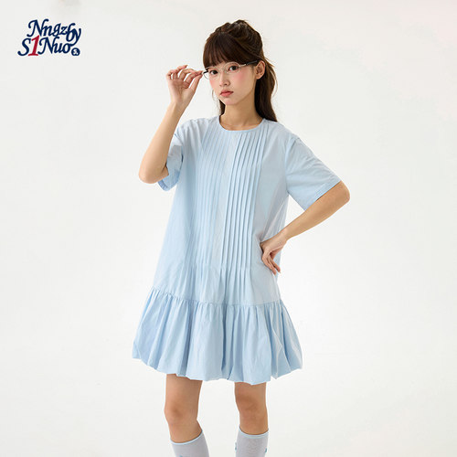 诺诺公主S1N初中生法式蓝色短袖连衣裙女2026夏季宽松琴花苞裙子
