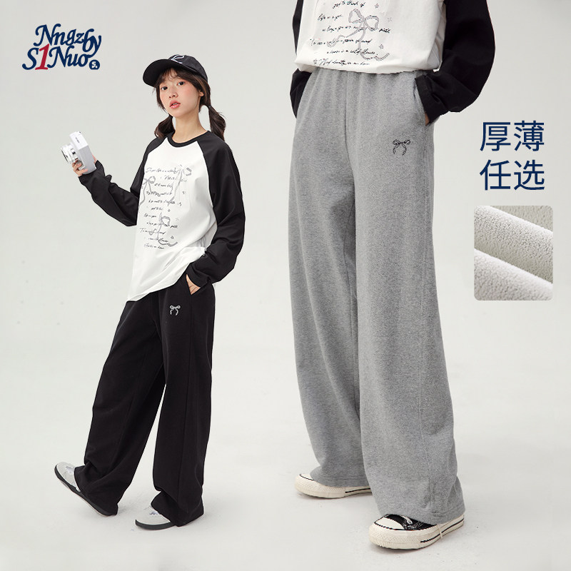 诺诺公主S1N初中生运动裤女2026秋季加绒蝴蝶结刺绣大童休闲卫裤