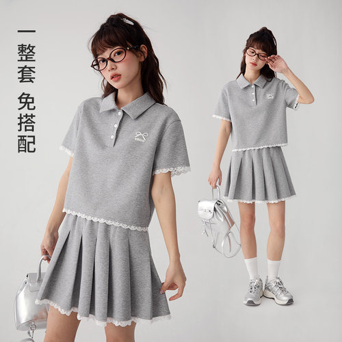 诺诺公主S1N初中生女大童夏套装百褶裙学生青少年灰色少女短裙子