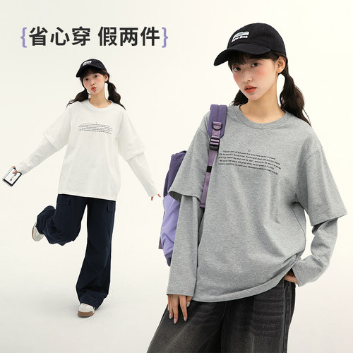 诺诺公主S1N初中生假两件长袖T恤秋大童美式学院字母简约休闲棉T