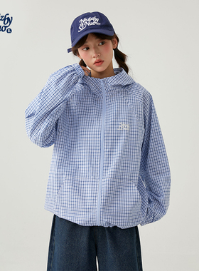初中生2026春季新款学院风格子外套女青少年休闲连帽长袖外搭开衫