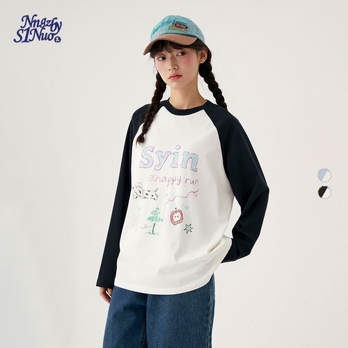 诺诺公主S1N初中生印花插肩袖T恤女2026春季韩系宽松休闲显瘦上衣