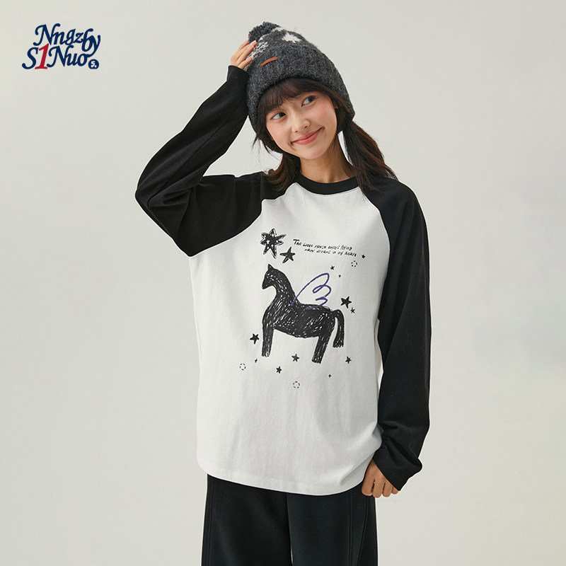 初中生插肩袖撞色T恤女马到成功春秋青少年学生学院风打底衫上衣