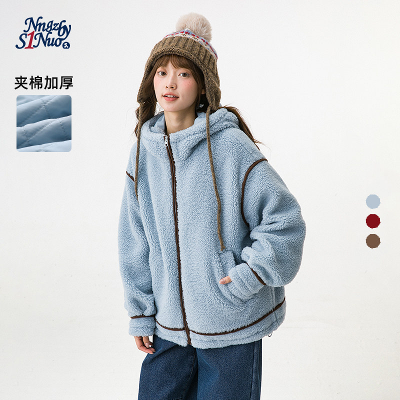 诺诺公主S1N女装羊羔毛外套女冬季韩系休闲撞色加厚连帽外搭棉服
