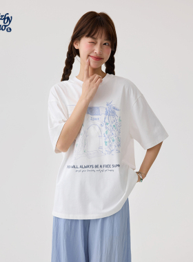 诺诺公主S1N初中生白色圆领短袖T恤女青少年手绘感文艺印花上衣夏