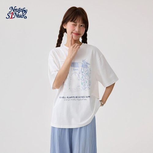 诺诺公主S1N初中生白色圆领短袖T恤女青少年手绘感文艺印花上衣夏