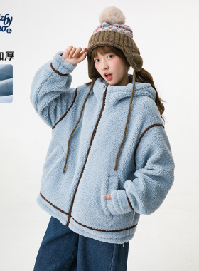 诺诺公主S1N初中生蓝色羊羔毛外套女冬韩系休闲撞色加厚连帽外搭