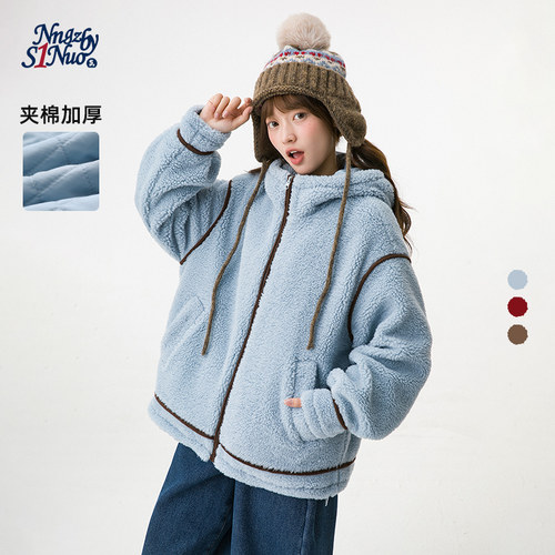 诺诺公主S1N初中生蓝色羊羔毛外套女冬韩系休闲撞色加厚连帽外搭