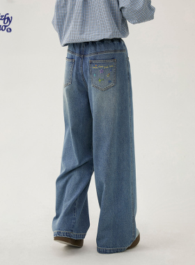 诺诺公主S1N初中生刺绣牛仔裤女春季2026青少年设计感休闲阔腿裤