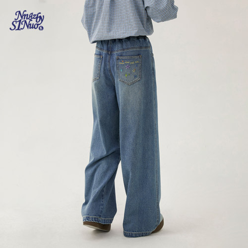 诺诺公主S1N初中生刺绣牛仔裤女春季2026青少年设计感休闲阔腿裤