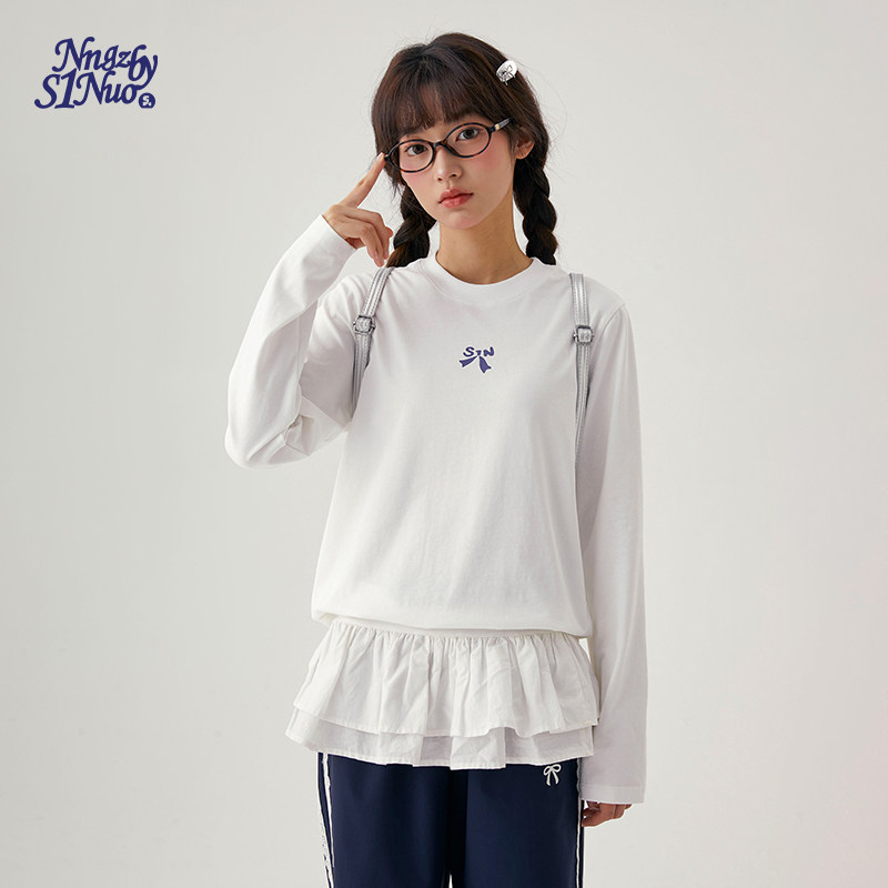 诺诺公主S1N初中生韩系正肩修身蝴蝶结T恤女春新款长袖上衣打底衫