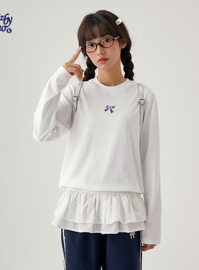 诺诺公主S1N初中生韩系正肩修身蝴蝶结T恤女春新款长袖上衣打底衫