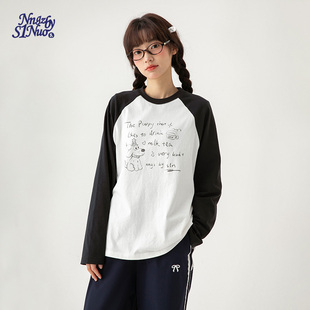 诺诺公主S1N初中生2026春季 印花T恤女青少年撞色圆领套头宽松上衣