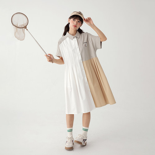 诺诺公主S1N初中生衬衫裙夏拼接绣花显瘦青少年宽松学院风连衣裙
