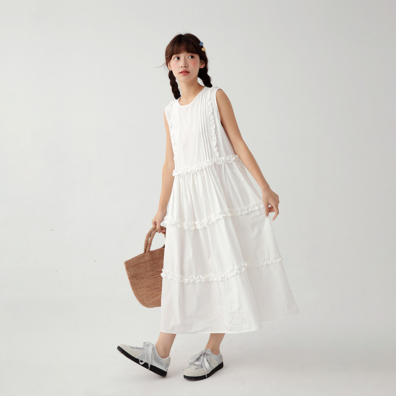 诺诺公主S1N 女大童无袖白色连衣裙夏少女木耳边青少年长裙背心裙