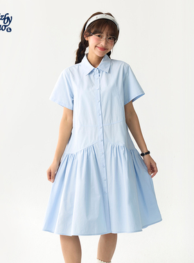 诺诺公主S1N初中生蓝色翻领短袖连衣裙女夏季学院风100%纯棉A字裙