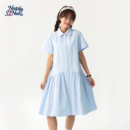 诺诺公主S1N初中生蓝色翻领短袖连衣裙女夏季学院风100%纯棉A字裙