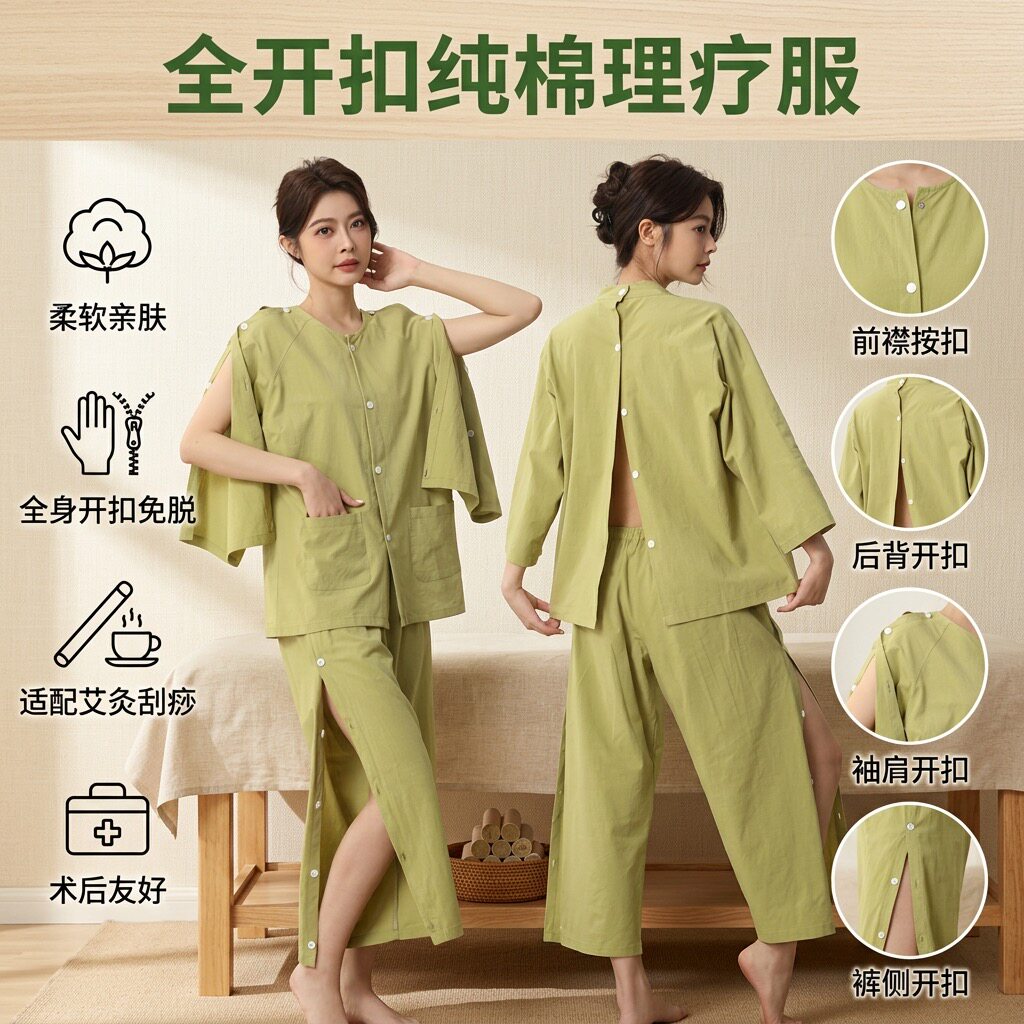 纯棉艾灸服理疗服前后开扣肩袖开方便穿脱美容养生服按摩刮痧用
