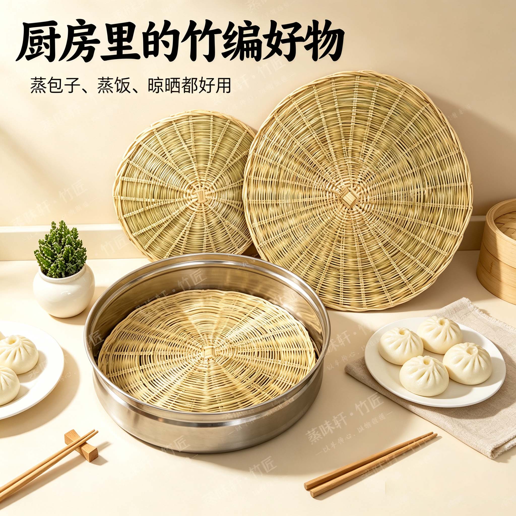 平底纯手工原生态竹篦蒸盘竹编蒸笼屉家用蒸海鲜包子点心蒸篦层