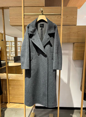 大雅家秋冬款灰色立领双排扣宽松中长款大衣 HFKIW8303A/B-7299