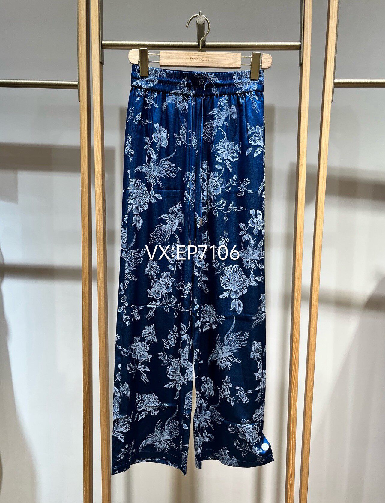 春夏款蓝色重磅桑蚕丝提花直筒抽绳休闲裤子 EGKES6453A-2999