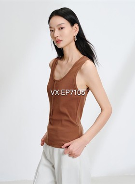 春夏款咖色棉弹力罗纹针织修身内搭背心上衣 EGKEC5128A-699