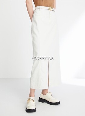 秋冬款白色设计感开叉汉麻牛仔中长裙半身裙 EGIADJ301B-1699