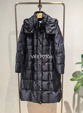 冬款黑色保暖白鹅绒及膝长款羽绒服 含桑蚕丝 EGJISY212A-5999