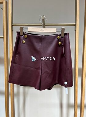 秋冬款酒红色高腰A字显瘦质感PU皮短裤裤子 EGJIP6202B-1699