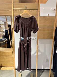 春夏款咖色显瘦方领泡泡袖本布腰带短袖连衣裙 HFLEC4650A-2999
