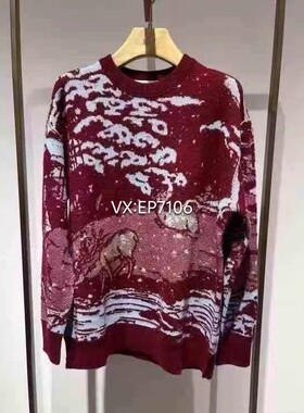 秋冬款酒红色重工提花宽松红色羊毛针织衫毛衣 EGJIG9526A-2999