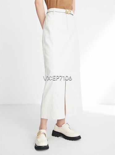 秋冬款白色设计感开叉汉麻牛仔中长裙半身裙 EGIADJ301B-1699