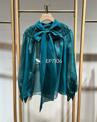 秋冬款绿色轻礼服轻奢桑蚕丝抽褶飘带衬衫 EGJASV203A-4999