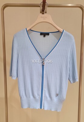 大雅家春夏款蓝色时尚V领撞色短袖针织开衫 HFJET9118A-2199
