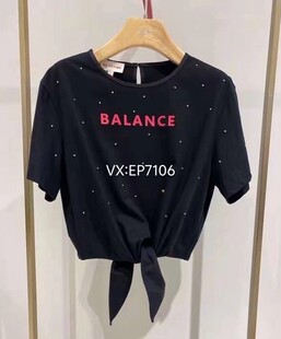 春夏款黑色镶钻蝴蝶结下摆短袖T恤 EGIEC5307A-999