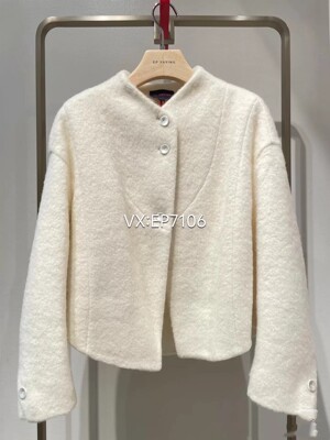 秋冬款米色美利奴羊毛拼接廓形落肩立领外套 EGJAW1220A-5999