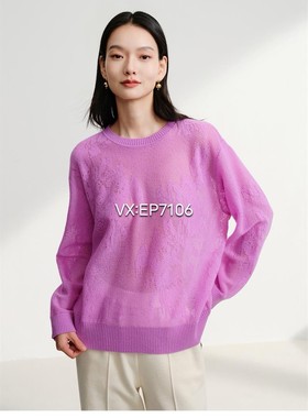 春夏款紫色半高领套头修身提花针织衫毛衣 EGKEG9560A-1899