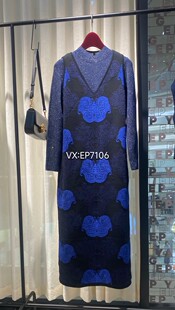 3299 EGKEW9409A 藏青色羊毛提花掐腰V领无袖 针织连衣裙