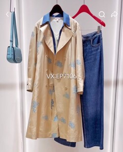 春夏款卡其色提花系带收腰长款风衣外套 EGKPS7402C-6299